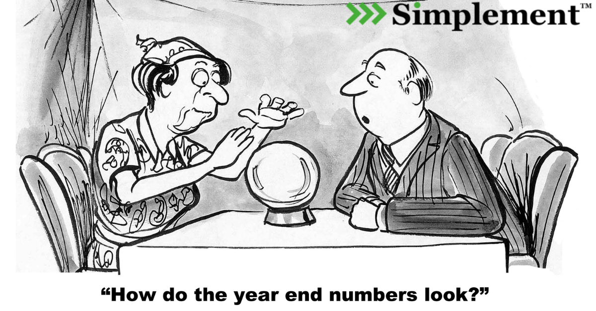 foretune teller comic asking "How do Year end numbers look," business forecasting with simplement logo