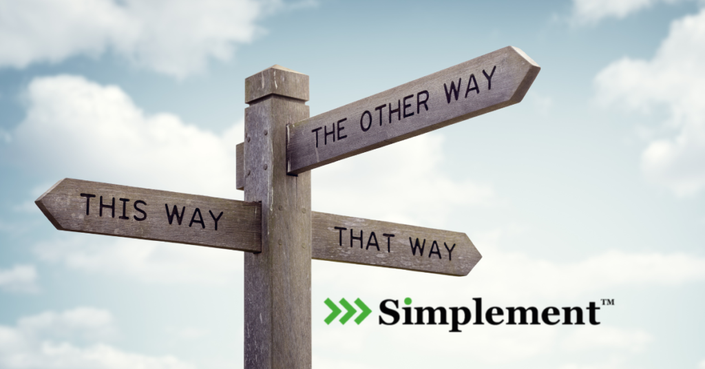 data driven decisions with simplement logo. sign "this way" "that way" "The other way"